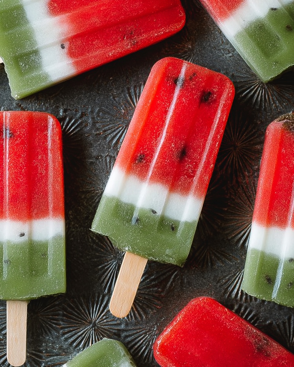 The image shows several colorful popsicles arranged on a dark textured surface with a starburst pattern. Each popsicle has three layers: the top layer is bright red with small dark spots inside, the middle layer is thin and white, and the bottom layer is green with a slightly speckled texture. The popsicles are held with light wooden sticks, and the red layer looks icy and smooth, while the green part appears thicker and creamier. The white marbled texture is not visible as the surface is dark and patterned. photo taken with an iphone --ar 4:5 --v 7