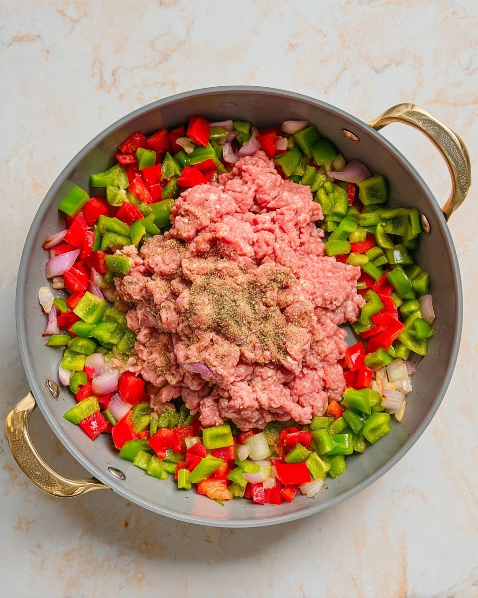 A gray pan with golden handles sits on a white marbled surface. Inside the pan, there is a colorful mix of chopped green and red bell peppers along with diced onions forming a border around the edges. In the center, there is a large portion of raw pink ground meat sprinkled with light brown seasoning powder. The vegetables have a slightly cooked, glossy look, while the meat is fresh and raw. photo taken with an iphone --ar 4:5 --v 7