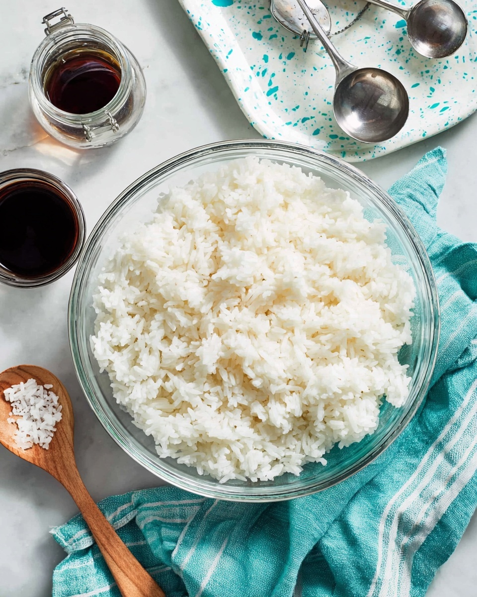 A clear glass bowl filled with fluffy white rice takes up most of the image center. Around the bowl, there are two glass containers with dark soy sauce, and some metal measuring spoons resting on a white marbled surface. A white marbled tray with turquoise splatter pattern is partly visible at the top, holding a small wooden spoon with some rice grains on it. A teal cloth with white stripes lies folded on the right side under the bowl. The image is bright and clean. photo taken with an iphone --ar 4:5 --v 7