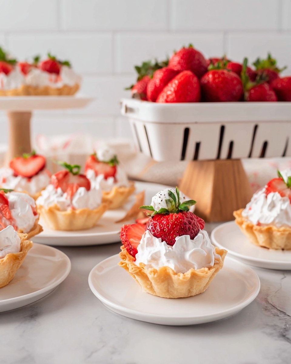 The image shows small tart cups with golden, flaky crusts filled with white cream topped with a whole strawberry half with green leaves still attached and a small dollop of white meringue or whipped cream on top. The tarts are arranged on round white plates and a white cake stand with a wooden base, all placed on a white marbled surface. In the background, there is a white rectangular container filled with fresh red strawberries. The scene is bright and clean with soft natural light. photo taken with an iphone --ar 4:5 --v 7