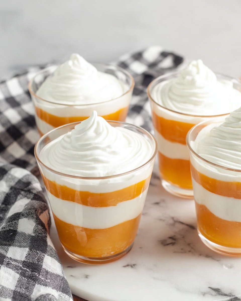 The image shows four clear glass cups filled with a three-layer dessert. Each cup has alternating layers of smooth orange and white cream, starting with orange at the bottom, followed by white, then orange, white, and topped with a thick swirl of white cream. The cups are placed on a white marbled surface with a gray and white checkered cloth in the background, and the overall look is neat and fresh. Photo taken with an iphone --ar 4:5 --v 7