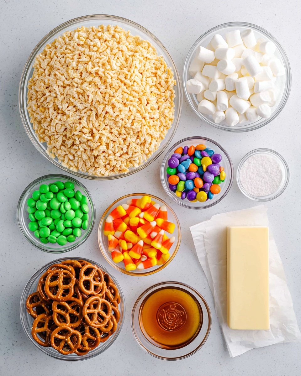 The image shows eight clear glass bowls arranged on a white marbled surface. At the center is a large bowl filled with pale golden crispy rice cereal with a textured, crunchy look. Above it, there is another large bowl filled with small, soft, white mini marshmallows. To the left of the marshmallows, a small bowl holds green candy melts that look smooth and flat. Below the cereal, a small bowl contains shiny, orange, purple, red, yellow, and green candy-coated chocolates. To the right of the center, there is a small bowl of bright orange, yellow, and white candy corn with a smooth texture. Below the candy melts to the left, a bowl is filled with glossy, brown pretzels. To the right of the pretzels, a stick of light yellow butter wrapped in paper is placed next to a small bowl with amber-colored vanilla extract, and next to that is a tiny bowl with white salt crystals. photo taken with an iphone --ar 4:5 --v 7