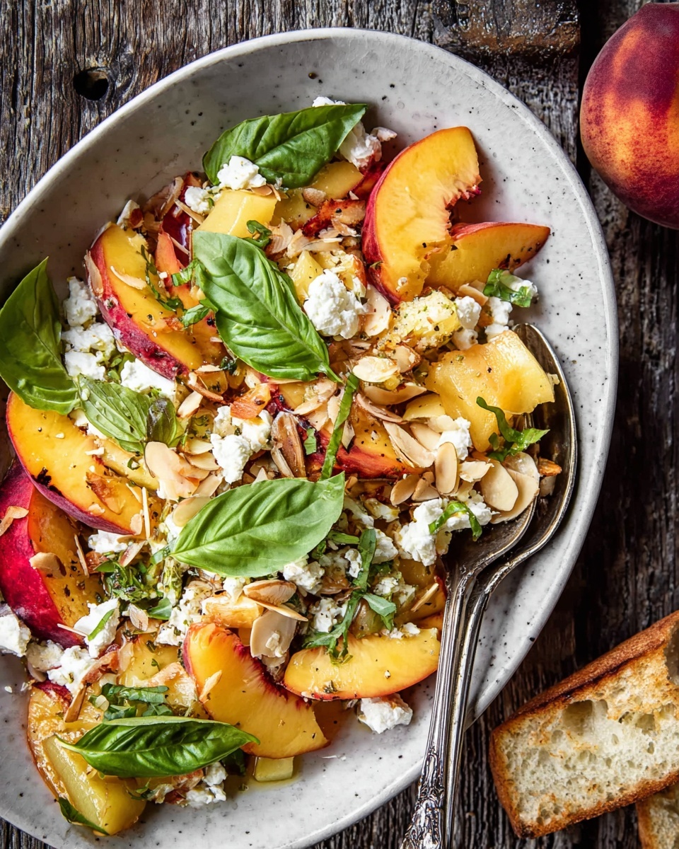 A white oval bowl filled with a colorful salad consisting of several layers: the bottom layer has thinly sliced yellow and red peaches, layered with crumbled white cheese spread unevenly on top. Bright green fresh basil leaves are scattered over the salad, adding contrast. Thin toasted almond slices are sprinkled throughout, along with some herbs. On the right side, a silver fork and spoon rest in the bowl, partially covered by peach slices. The bowl is set on a rough wooden table, and there are two small pieces of toasted white bread near the bowl. photo taken with an iphone --ar 4:5 --v 7