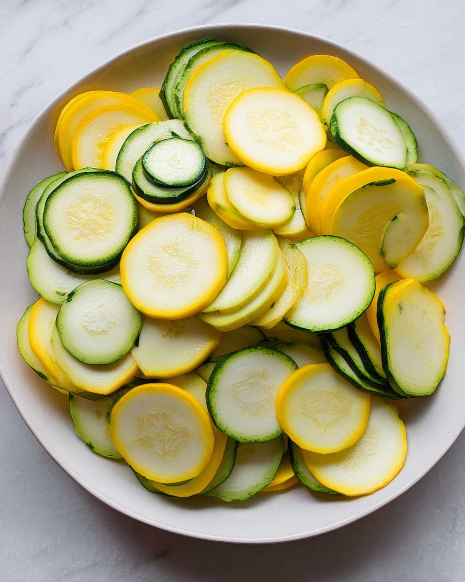 The image shows a white plate filled with many thin round slices of yellow and green zucchini arranged loosely and overlapping each other. The yellow zucchini slices have a pale yellow center with a bright yellow edge, while the green zucchini slices have a light green center with a dark green edge. The plate is placed on a white marbled texture surface and the light highlights the fresh, smooth texture of the zucchini slices, showing some seeds inside. Photo taken with an iphone --ar 4:5 --v 7