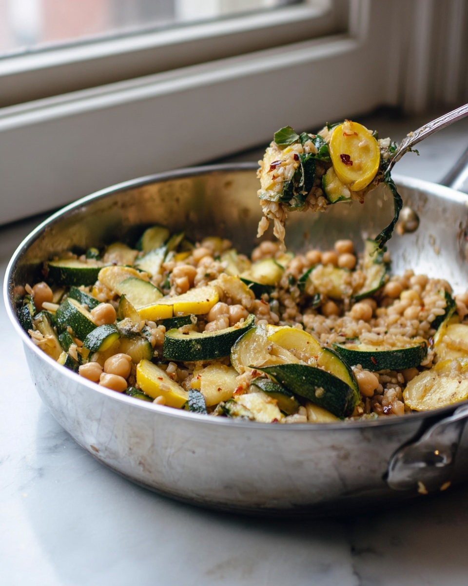 The image shows a large silver pan filled with a cooked dish made of three main layers: the bottom layer is shiny and slightly oily with a few cooked grains sticking to the pan surface; the middle layer contains tender, sliced green and yellow zucchini pieces with soft, dark green leafy herbs scattered around; the top layer is made of light beige cooked chickpeas or grains, partially coated with some oil and red spice flakes, giving it a slightly textured appearance. A spoon is lifting some of the mixture, showing the layered ingredients close up. The pan rests on a white marbled surface, and soft natural light comes from a window in the background. photo taken with an iphone --ar 4:5 --v 7