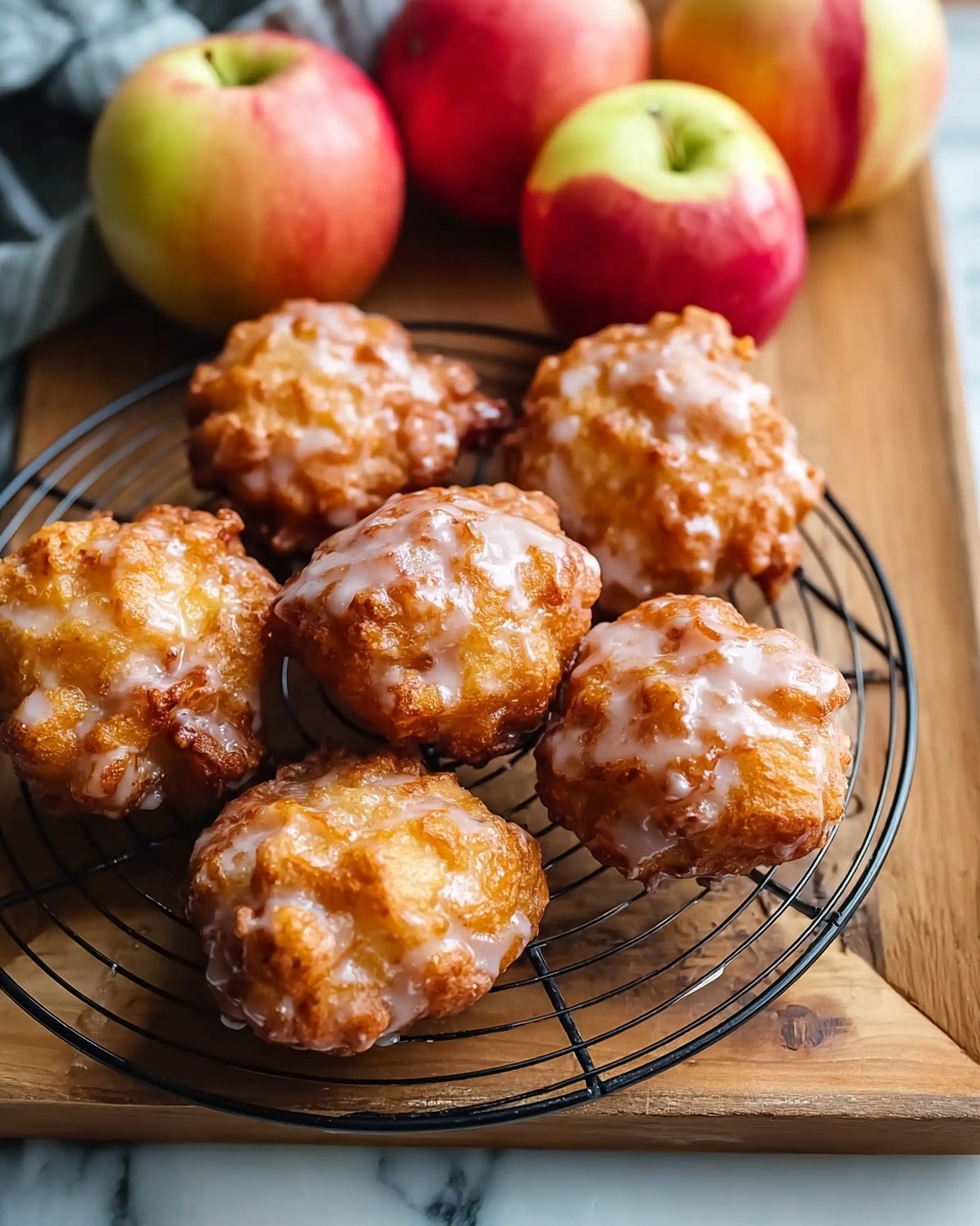 A round black metal cooling rack holds seven golden brown fritters with rough, uneven edges, each coated lightly with a shiny white glaze that drips over their textured, crisp surfaces. The fritters are placed closely together, filling most of the rack. Around the rack, several red and yellow apples with smooth, shiny skins are arranged on a wooden tray and white marbled surface, adding warm, natural colors to the scene. The background is softly blurred, focusing attention on the fritters and apples, photo taken with an iphone --ar 4:5 --v 7
