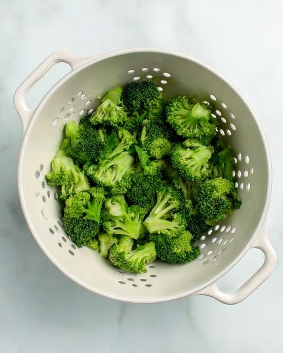 A white colander filled with bright green broccoli florets, showing a mix of small and medium-sized pieces evenly spread inside. The colander has two handles and sits on a white marbled surface that adds a soft pattern underneath. The broccoli has a fresh, slightly moist texture and vibrant color with no other items around. Photo taken with an iphone --ar 4:5 --v 7