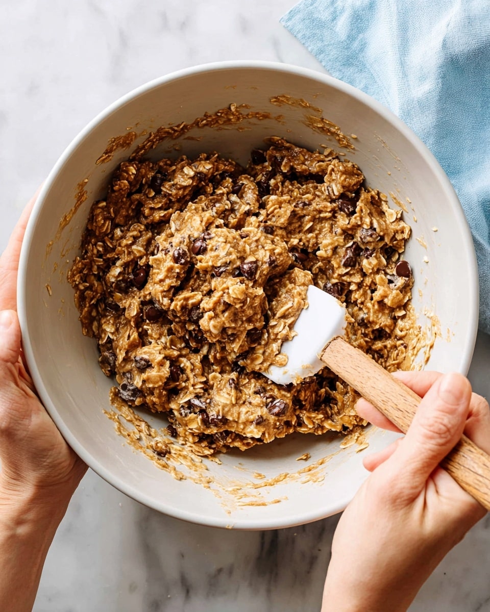 A close-up view of a white bowl filled with thick oatmeal cookie dough mixed with chocolate chips and oats, showing a rough, textured surface with brown and tan colors. A white spatula with a wooden handle is partly covered in the dough, resting inside the bowl on the right side. A woman's hand is holding the bowl steady from the left, while another woman's hand is gripping the spatula, visible at the bottom right. The bowl sits on a white marbled surface with a light blue cloth visible in the top right corner. Photo taken with an iphone --ar 4:5 --v 7