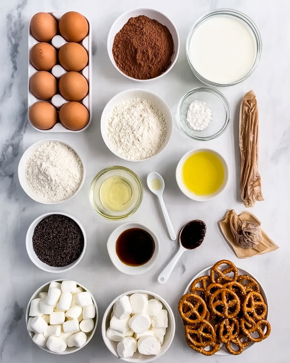 The image shows various baking ingredients neatly arranged in small white bowls and cups on a white marbled surface. There are six brown eggs in a white container at the top left, next to a white bowl of milk and a small white bowl of white powder. Below are white bowls filled with flour and brown cocoa powder, a small glass bowl of clear liquid, and a yellowish liquid in another white bowl. A white spoon with dark brown vanilla extract sits beside a white bowl of black granulated substance. Small white bowls at the bottom hold marshmallows, round white chocolate discs, and twisted pretzels. A brown piping bag is placed near the pretzels. Photo taken with an iphone --ar 4:5 --v 7