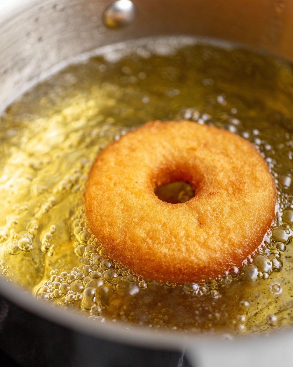A close-up image shows a single round donut with a hole in the middle frying in bubbling golden oil inside a shiny silver pot. The donut has a light golden brown color and a slightly rough texture. The oil bubbles are small and scattered around the donut, showing the frying process. The pot has a reflective metal surface and a small rivet is visible near the top edge. The background is a white marbled texture photo taken with an iphone --ar 4:5 --v 7