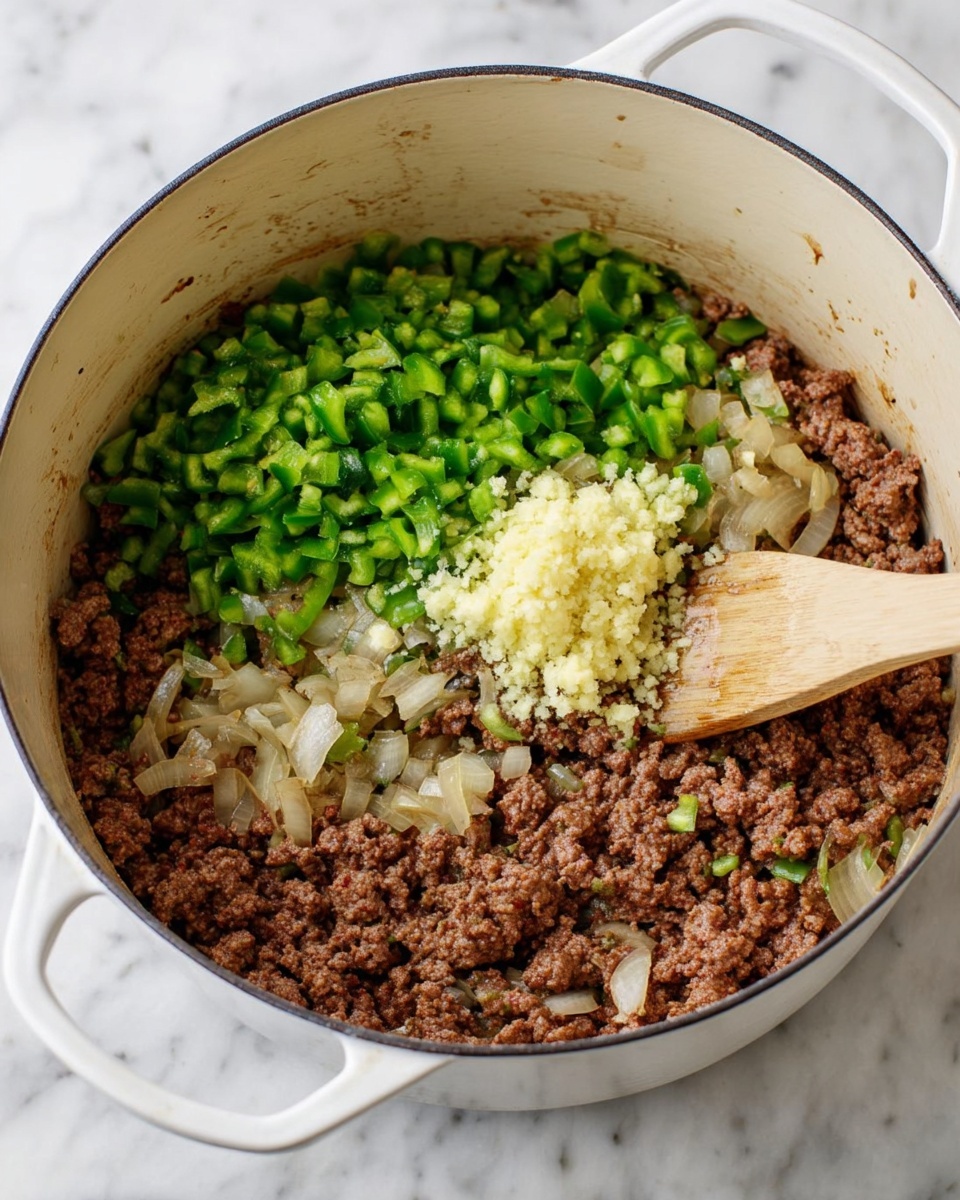 The image shows a white pot on a white marbled surface filled with three main layers of ingredients. The bottom layer is browned ground meat, crumbly and spread evenly across the pot's base. Mixed into the meat are soft, translucent pieces of chopped onion that add a light beige color. On the top left side, there is a pile of finely chopped green bell pepper, bright and fresh-looking. Next to the bell pepper on the right, there is a small heap of minced pale yellow garlic. A wooden spatula is resting on the side inside the pot, partially covered by the ingredients. The pot has white handles visible on both sides. Photo taken with an iphone --ar 4:5 --v 7
