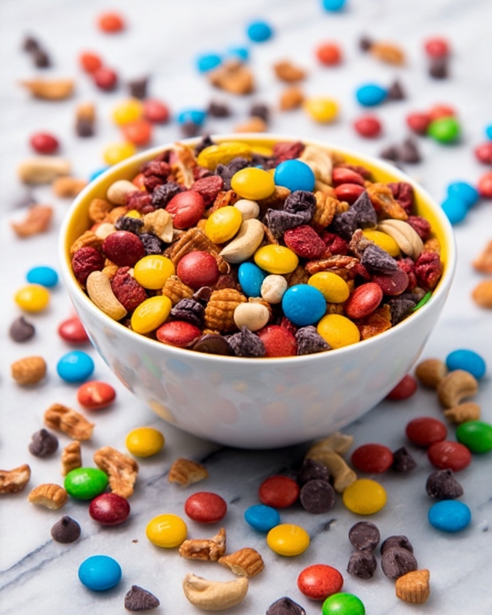A white bowl filled with a mix of colorful candy-coated chocolates, bright orange cheese crackers, salted cashews, almonds, and slightly salted pretzels. The mix shows a variety of shapes and textures: the smooth, shiny round candies creating pops of red, yellow, green, blue, and orange, soft orange cheese puffs with a powdery coating, crunchy salty nuts, and small golden pretzels scattered evenly throughout. The bowl sits on a white marbled surface, giving contrast to the vivid snack colors. photo taken with an iphone --ar 4:5 --v 7
