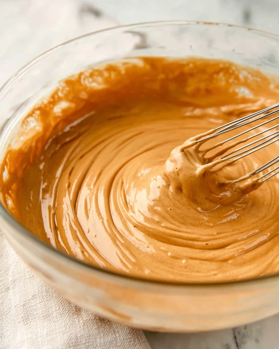 A close-up image shows a glass bowl filled with smooth, creamy light brown batter being mixed with a metal whisk. The batter swirls in the bowl, showing soft ridges and a shiny texture. The bowl sits on a white marbled surface with a white cloth napkin partially visible underneath. The photo captures the motion of mixing, emphasizing the batter’s thick yet smooth consistency photo taken with an iphone --ar 4:5 --v 7