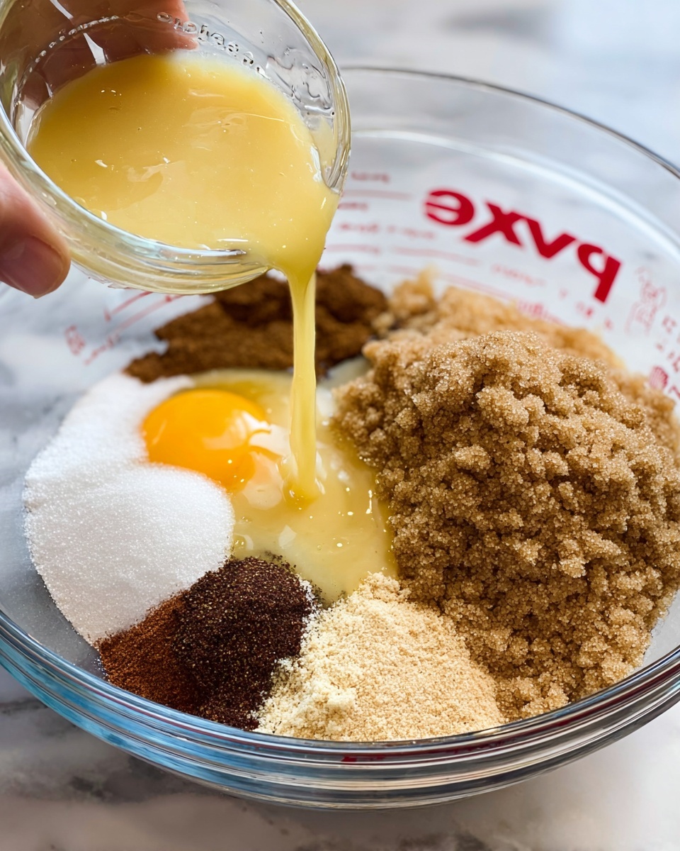 A clear glass bowl filled with separate layers of ingredients sits on a white marbled surface. Inside the bowl, there is a large mound of light brown sugar on the upper right side, an egg with a bright yellow yolk on the lower left, white granulated sugar piled next to the egg, dark brown and medium brown spices scattered in small heaps on the right, and a pale beige powder positioned near the front right edge. A woman's hand is pouring a thick yellow liquid from a small clear bowl into the larger bowl, creating a muddy yellow layer spreading over the egg and sugar. The red Pyrex logo and measurement markings are visible on the side of the bowl. Photo taken with an iphone --ar 4:5 --v 7