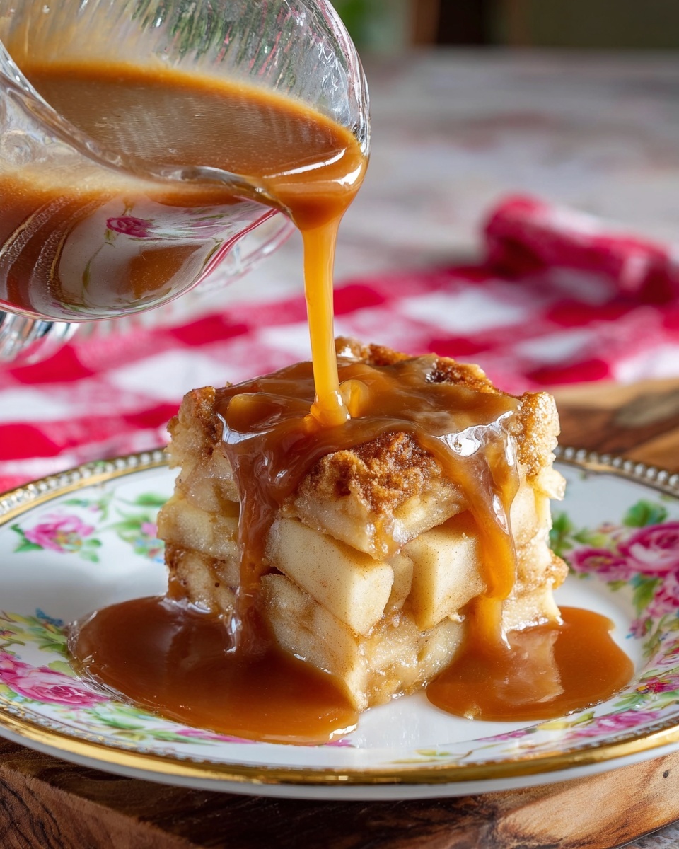 A square piece of apple dessert with visible layers of cooked apple slices and soft dough, showing a light brown color with some cinnamon specks. The dessert sits on a white plate decorated with pink and green floral designs and a gold rim. Rich caramel sauce is being poured from a clear glass sauce boat over the top, flowing down the sides and pooling around the base on the plate. The scene is set on a wooden table with a red and white checkered cloth in the background, all placed on a white marbled textured surface. photo taken with an iphone --ar 4:5 --v 7