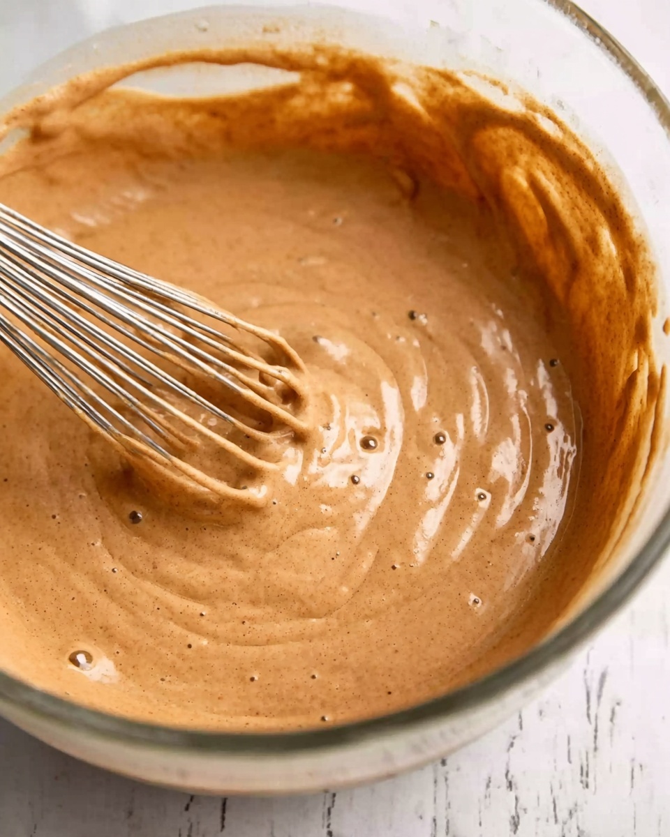 A close-up view of a glass bowl filled with light brown, smooth and creamy batter being mixed by a metal whisk. The batter has a thick texture with gentle waves and small air bubbles visible on the surface. The bowl sits on a surface with white marbled texture. photo taken with an iphone --ar 4:5 --v 7