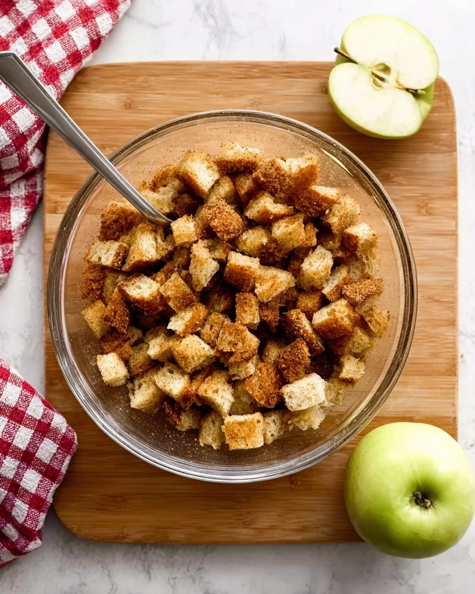 A clear glass bowl sits on a wooden board with a white marbled surface underneath. Inside the bowl, there are many small bread cubes coated with a golden brown spice mix, creating a textured and crumbly appearance. A silver spoon rests inside the bowl touching the bread cubes. To the right of the bowl, there is a whole light green apple and a half-sliced apple placed vertically. On the left side, a red and white checkered cloth is partially visible. Photo taken with an iphone --ar 4:5 --v 7