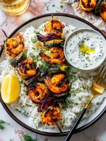 Greek-Marinated Shrimp Skewers with Lemon-Dill Sauce Recipe