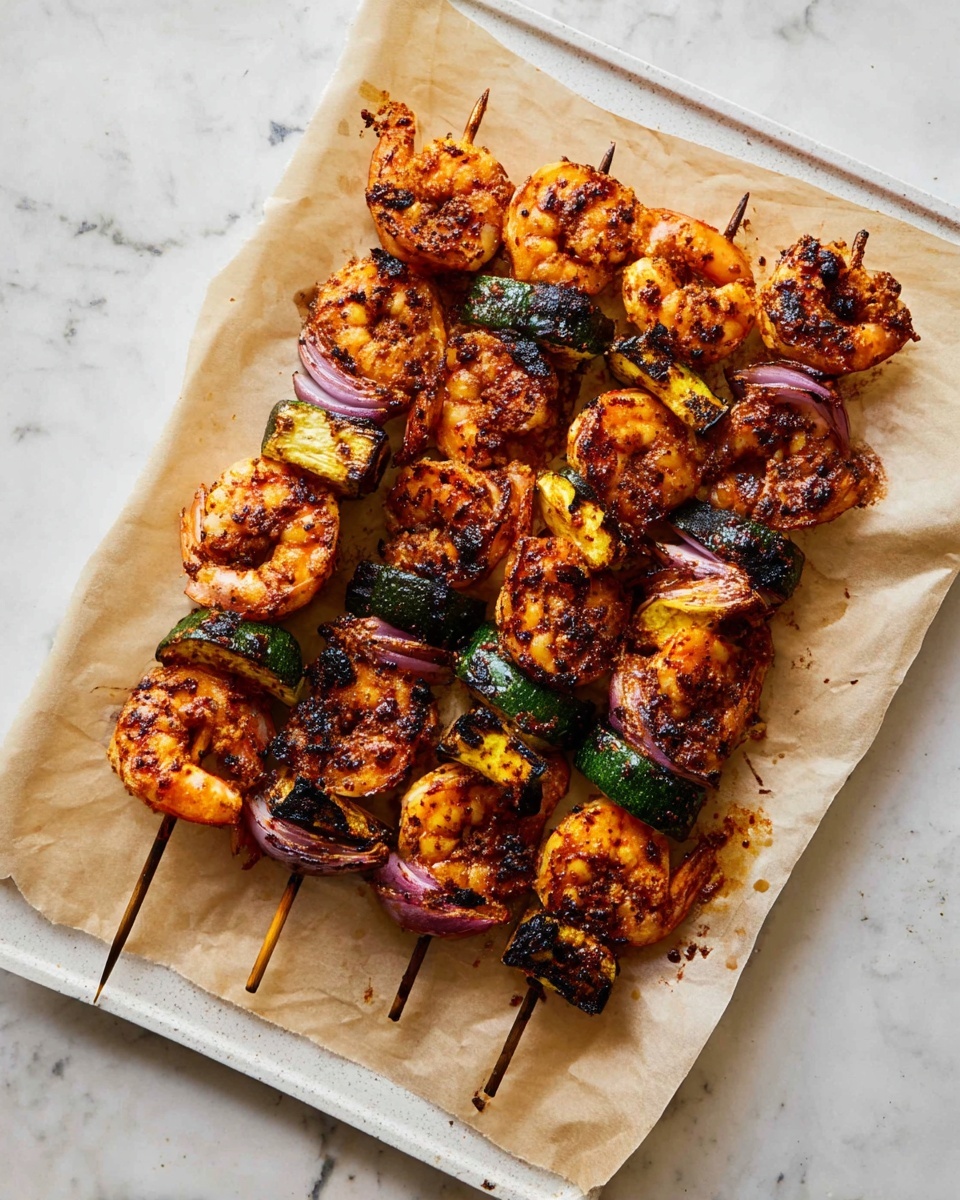 Five wooden skewers loaded with grilled shrimp and vegetables rest on a piece of light brown parchment paper, which lies on a white tray. Each skewer has around three large shrimp, with three visible kinds of vegetables between them: dark green zucchini pieces, purple onion chunks, and some light golden pieces that might be yellow squash. The shrimp and vegetables have dark char marks and a reddish-orange seasoning that gives a textured, slightly crispy look. The tray sits on a white marbled surface. photo taken with an iphone --ar 4:5 --v 7