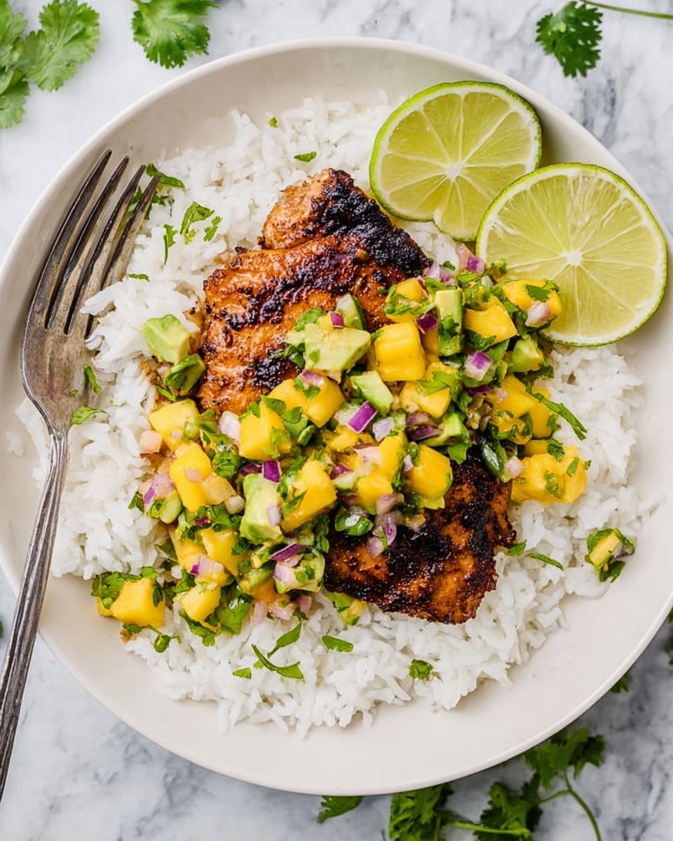 A white plate filled with a thick layer of fluffy white rice spread evenly as the base. On top of the rice, there is a single piece of grilled chicken with a dark brown, slightly charred texture. The chicken is covered partly with a colorful salsa made of diced yellow mango, green avocado, and small pieces of light purple onion with bits of green cilantro scattered throughout. To the side of the chicken and salsa, there are two lime wedges adding a fresh green touch. A silver fork rests on the left edge of the plate. The plate is placed on a white marbled surface with some small cilantro leaves scattered around. Photo taken with an iphone --ar 4:5 --v 7