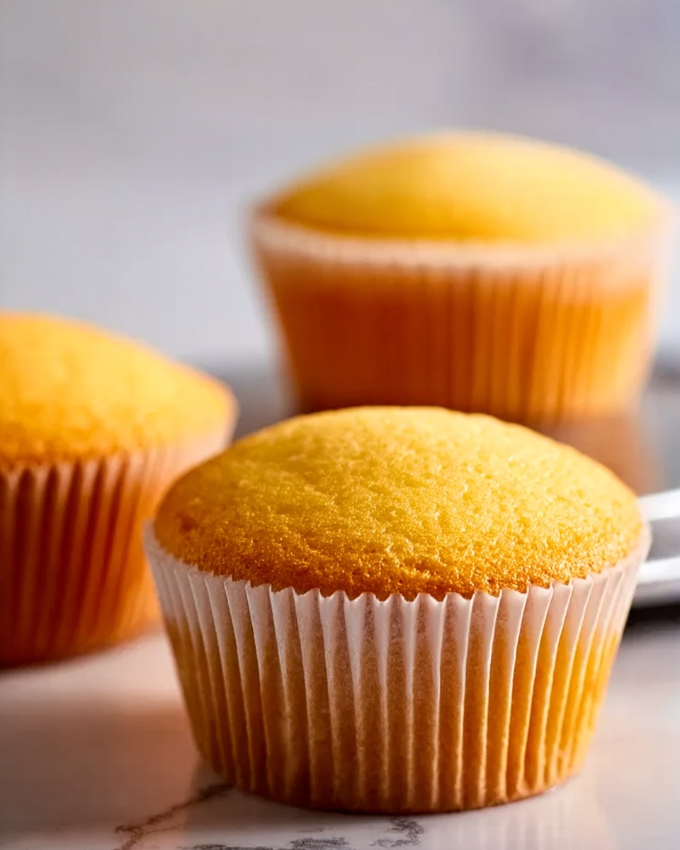 The image shows three golden yellow cupcakes in white paper liners. The closest cupcake is fully visible in the front with a smooth, slightly domed top, while the other two cupcakes are slightly out of focus in the background, one standing tall and the other laying flat. The cupcakes have an even, soft texture with a gentle shine on the top. The background is a white marbled texture, with soft lighting highlighting the cupcakes' warm color. photo taken with an iphone --ar 4:5 --v 7