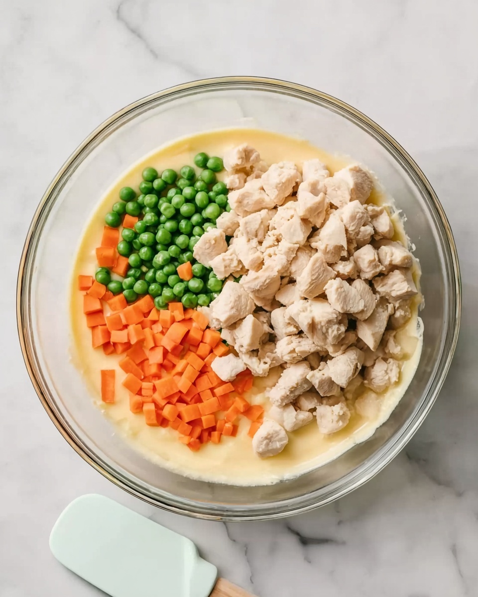 A clear glass bowl is set on a white marbled surface, containing three main sections of ingredients side by side. On the right is a pile of small, light beige cooked chicken pieces with a soft texture. To the left of the chicken, there is a mix of vibrant green peas and orange carrot cubes, adding bright color. Below these ingredients, there is a smooth, creamy pale yellow mixture that fills the bottom of the bowl and serves as a base for the toppings. A white silicone spatula with a pale blue handle lies beside the bowl on the surface. Photo taken with an iphone --ar 4:5 --v 7