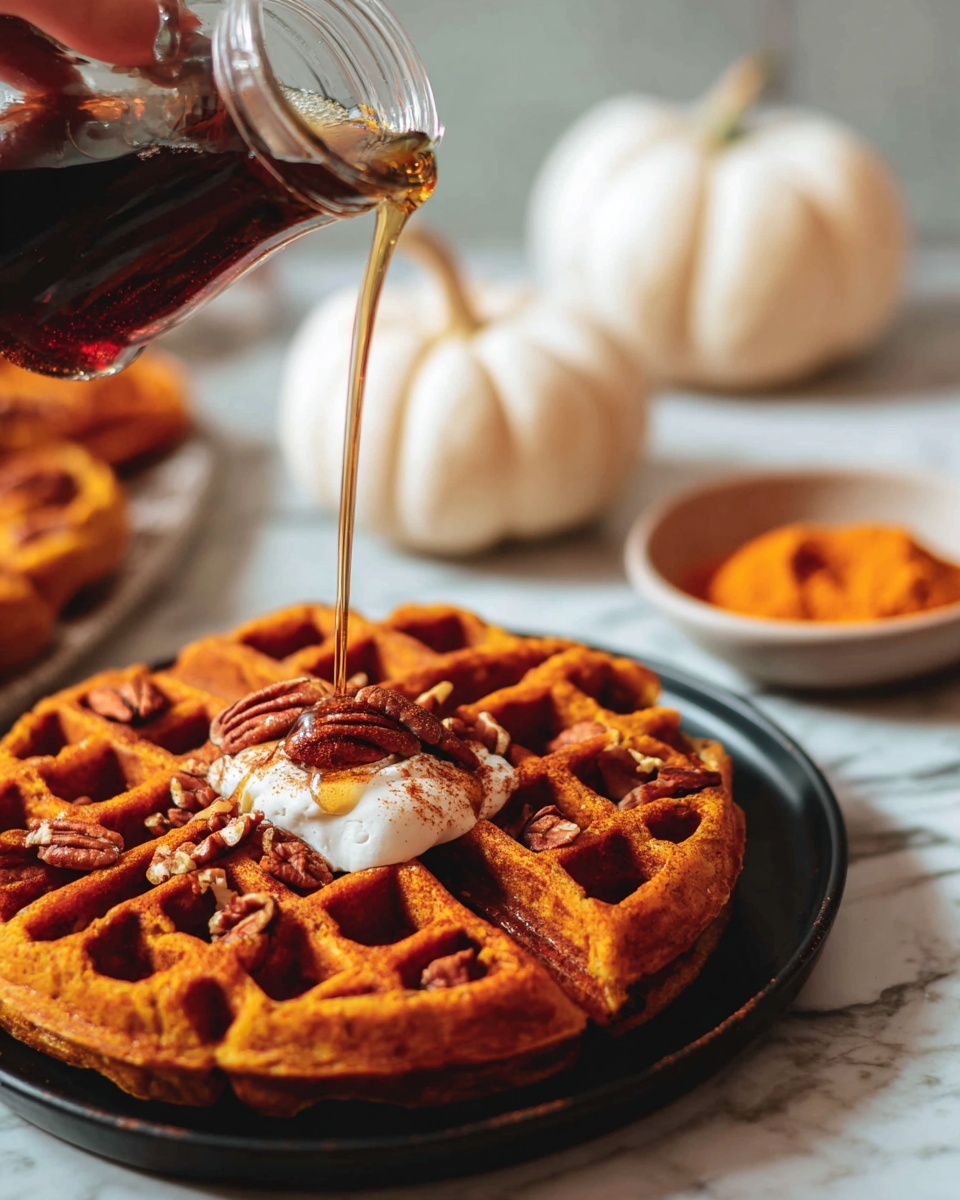 A close-up of a thick orange waffle with deep square pockets sits in a black plate on a white marbled surface. The waffle has a dollop of white cream or butter in the center, topped with brown pecan halves and a sprinkle of brown cinnamon. A woman's hand is pouring amber syrup from a glass jar over the waffle, the syrup flowing down into the pockets. In the softly blurred background, there are two white pumpkins and a white bowl filled with bright orange powder or spice. Photo taken with an iphone --ar 4:5 --v 7