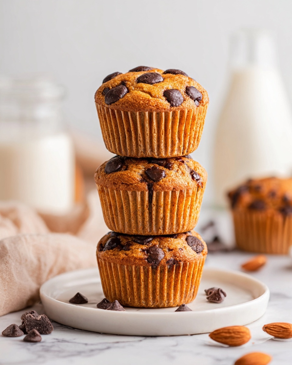 Three chocolate chip muffins are stacked vertically on a round white plate, each muffin golden-brown with dark chocolate chips visible on the surface and around the sides. The muffins have a slightly textured, soft appearance with ridges from the paper liners. Scattered almonds and chocolate chips lay on the white marbled surface around the plate. In the background, a glass bottle and a jar filled with milk are softly blurred, alongside a beige cloth. The scene is bright and clean, highlighting the warm tones of the muffins. Photo taken with an iphone --ar 4:5 --v 7