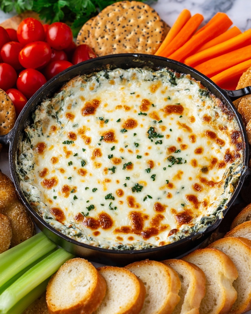 A round black pan holds a baked dip with a top layer of melted, golden-spotted white cheese sprinkled with small green herb pieces. Below the cheese, a visible layer of creamy spinach and artichoke mix peeks out around the edges. Surrounding the pan is an arrangement of several light beige toasted bread slices in the foreground, clusters of red grape tomatoes to the upper left, and orange carrot sticks to the lower right. Some fresh flat green celery stalks and another kind of cracker with visible seeds are in the upper background, all placed on a white marbled surface photo taken with an iphone --ar 4:5 --v 7