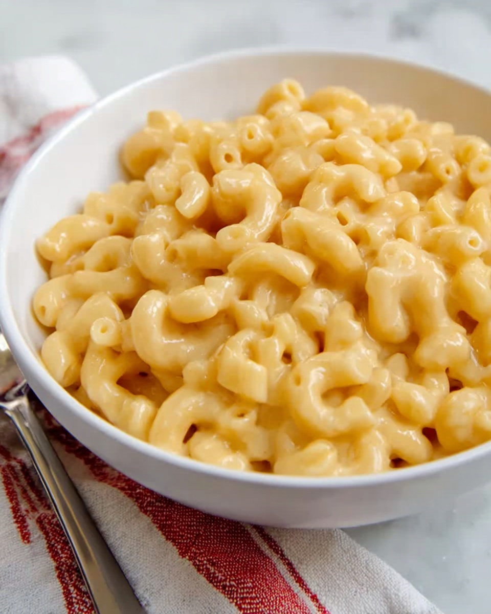 A close-up view of a bowl filled with yellow macaroni and cheese, showing creamy and shiny texture with small elbow pasta shapes packed tightly. The bowl is white and placed on a white marbled texture with a silver spoon beside it on the right. Behind the bowl, there is a large yellow container also filled with macaroni and cheese, slightly out of focus. On the left side, some fresh green parsley adds a touch of color on a white cloth with a blue check pattern. Photo taken with an iphone --ar 4:5 --v 7