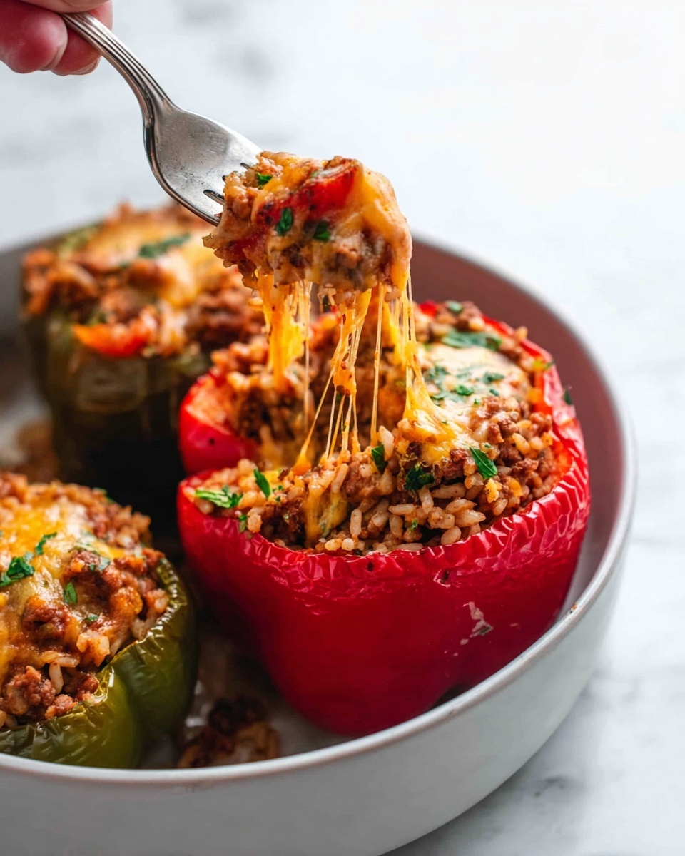 The image shows a close-up of a red bell pepper stuffed with a mix of rice, ground meat, and melted cheese. The pepper is cut open from the top, filled to the brim with the savory mixture, and garnished with small bits of green herbs. The rice is orange-brown with some charred spots, blending with the brown of the ground meat and the melted cheese stringing slightly as a spoon lifts some filling. The stuffed pepper rests in a white bowl, placed on a white marbled surface with part of another stuffed pepper, green in color, slightly visible nearby. Photo taken with an iphone --ar 4:5 --v 7