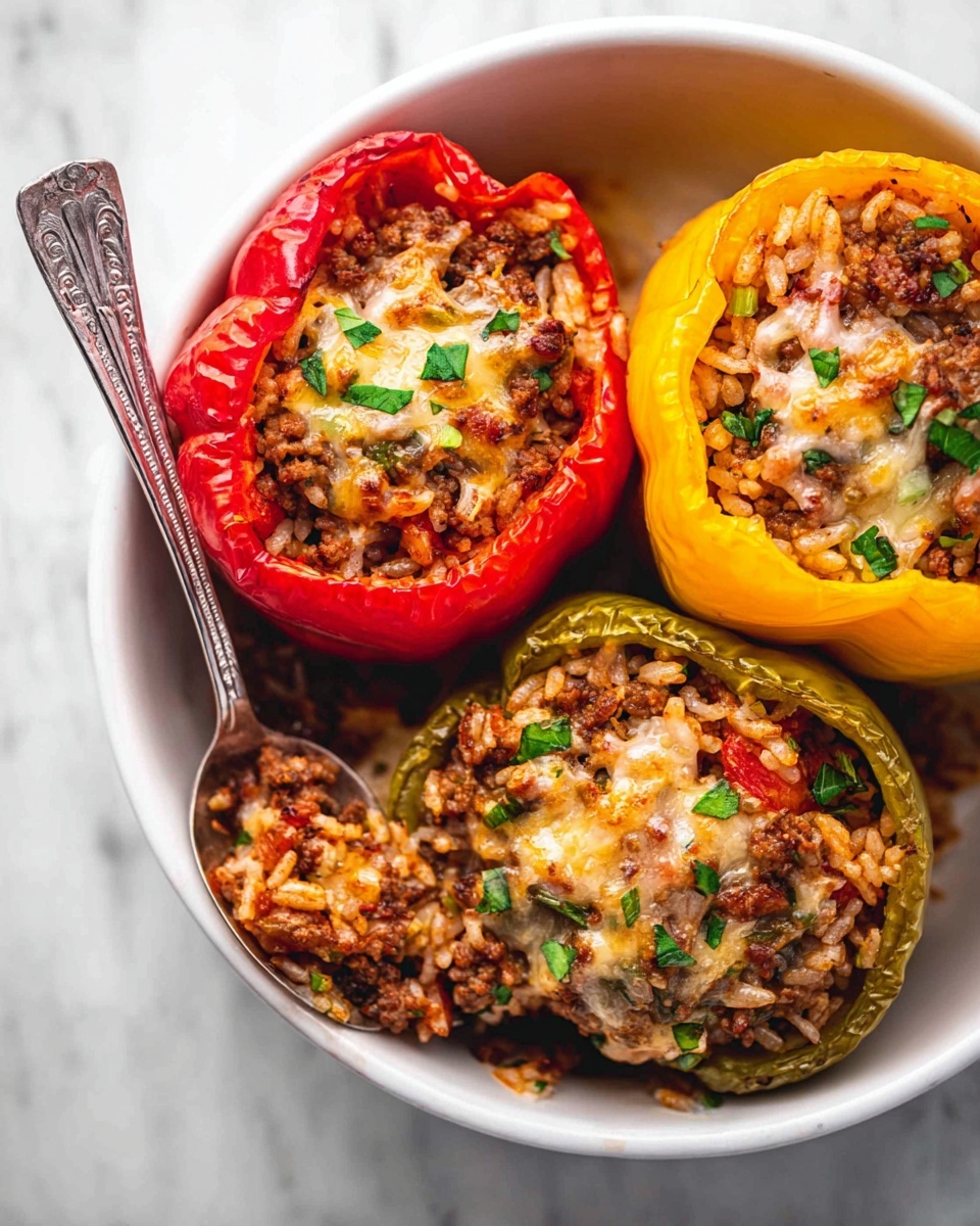 The image shows three stuffed bell peppers in a white dish on a white marbled surface. Each pepper is filled with a mix of cooked rice, ground meat, and melted cheese, topped with small green herb pieces. The peppers are red, yellow, and green, with the yellow pepper positioned in the top right, the red peppers on the left and bottom right. A silver spoon with a detailed handle rests inside the red pepper on the left. The filling looks moist and textured with visible bits of rice and meat, and the peppers have a slightly wrinkled, roasted skin. Photo taken with an iphone --ar 4:5 --v 7
