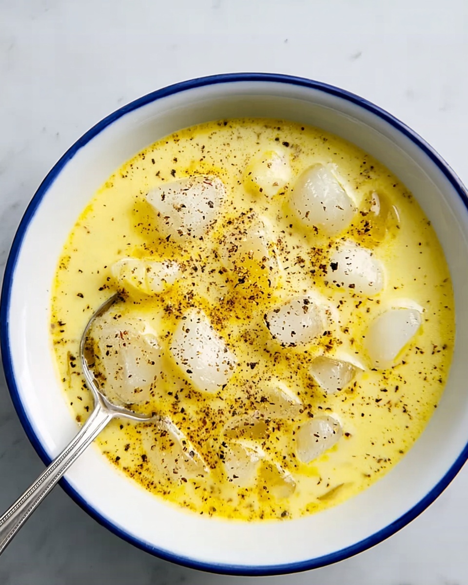 A white bowl with a blue rim is filled with a light yellow creamy soup that has small white chunks inside. On top of the soup, there are several ice cubes scattered, and the entire surface is sprinkled with coarse black pepper. A silver spoon is resting inside the bowl on the left side. The bowl sits on a white marbled surface. photo taken with an iphone --ar 4:5 --v 7