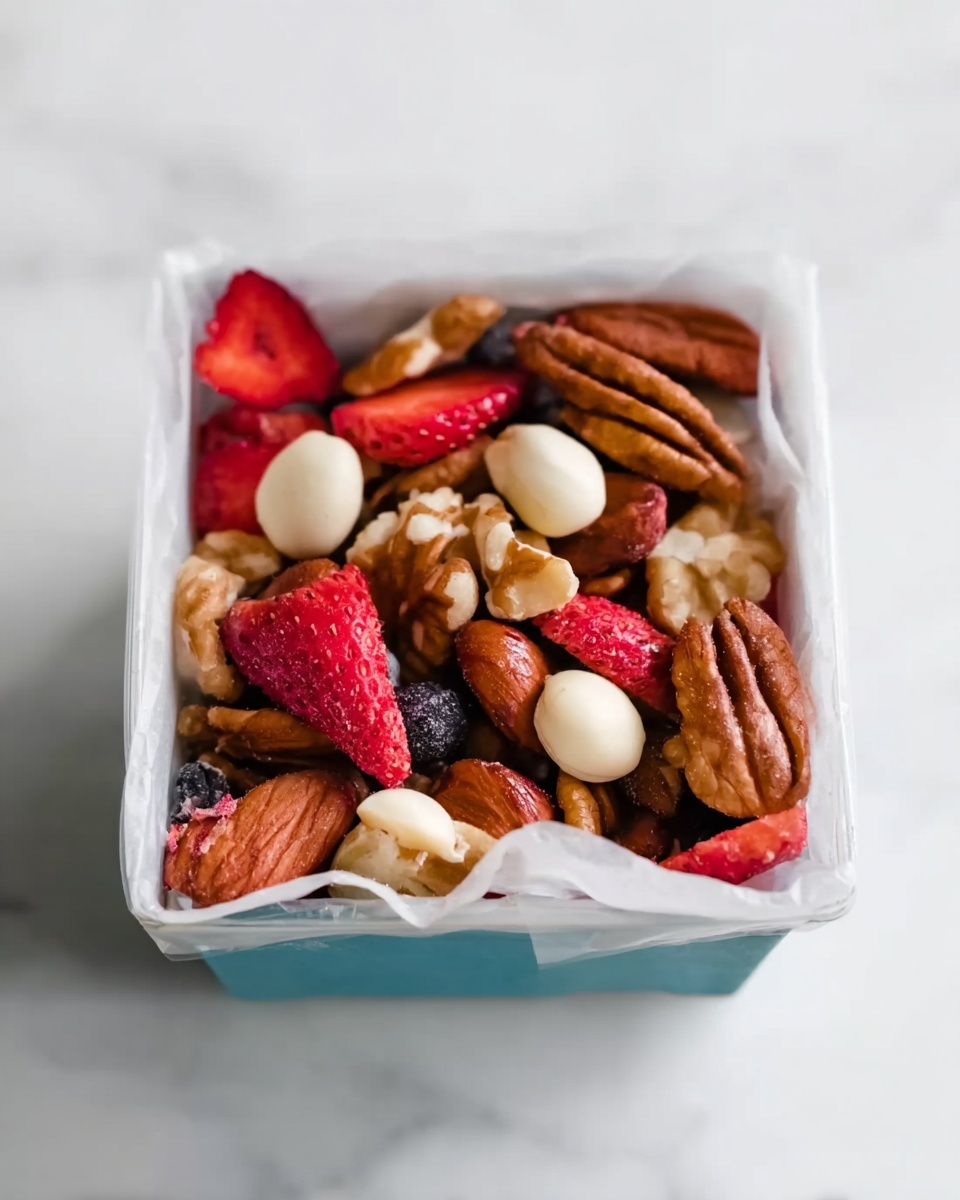 The image shows a small white square paper-lined container filled with a colorful mix of nuts and dried fruits. The top layer features large pecans, walnut halves, and round white nuts, with bright red dried strawberry slices and small dark dried berries scattered on top. The container is placed on a white marbled surface, creating a clean and fresh look. Photo taken with an iphone --ar 4:5 --v 7