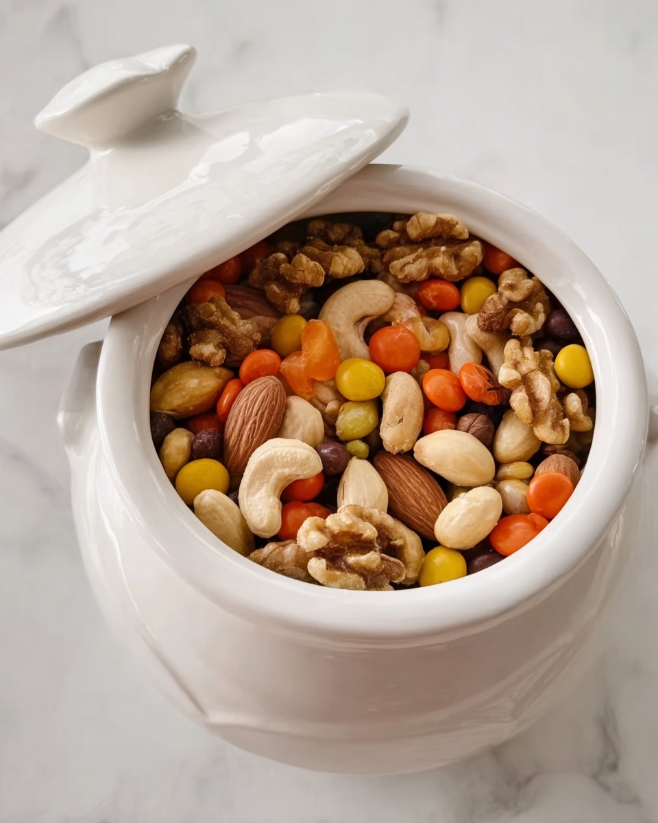 The image shows a white ceramic jar with a lid slightly open, filled with a colorful mix of nuts and orange candy-coated pieces. Inside, there are layers of walnuts with rough, uneven textures, cashews that are light beige and smooth, and almonds which are brown and oval-shaped. There are also small, round yellow nuts and bright orange candy-coated pieces scattered throughout. The jar sits on a white marbled surface, and the focus is on the variety of textures and colors inside the jar. photo taken with an iphone --ar 4:5 --v 7