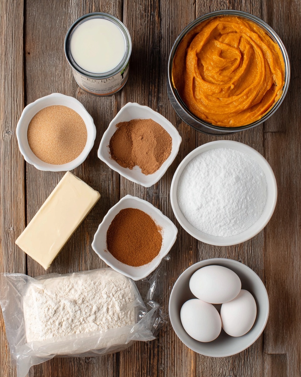 Top view of baking ingredients arranged on a wooden surface, including an open can filled with smooth, bright orange pumpkin puree at the top right, a white bowl full of white granulated sugar next to it, a white bowl with three white eggs at the bottom right, a white dish with ground cinnamon above the eggs, another white dish with ground nutmeg nearby, a small white bowl containing light brown packed brown sugar on the left, a stick of butter in its paper wrapper placed horizontally near the center, an unopened can of evaporated milk above the butter, and a sealed clear plastic bag filled with white flour occupying the bottom left corner; the layout is neat and evenly spaced photo taken with an iphone --ar 4:5 --v 7