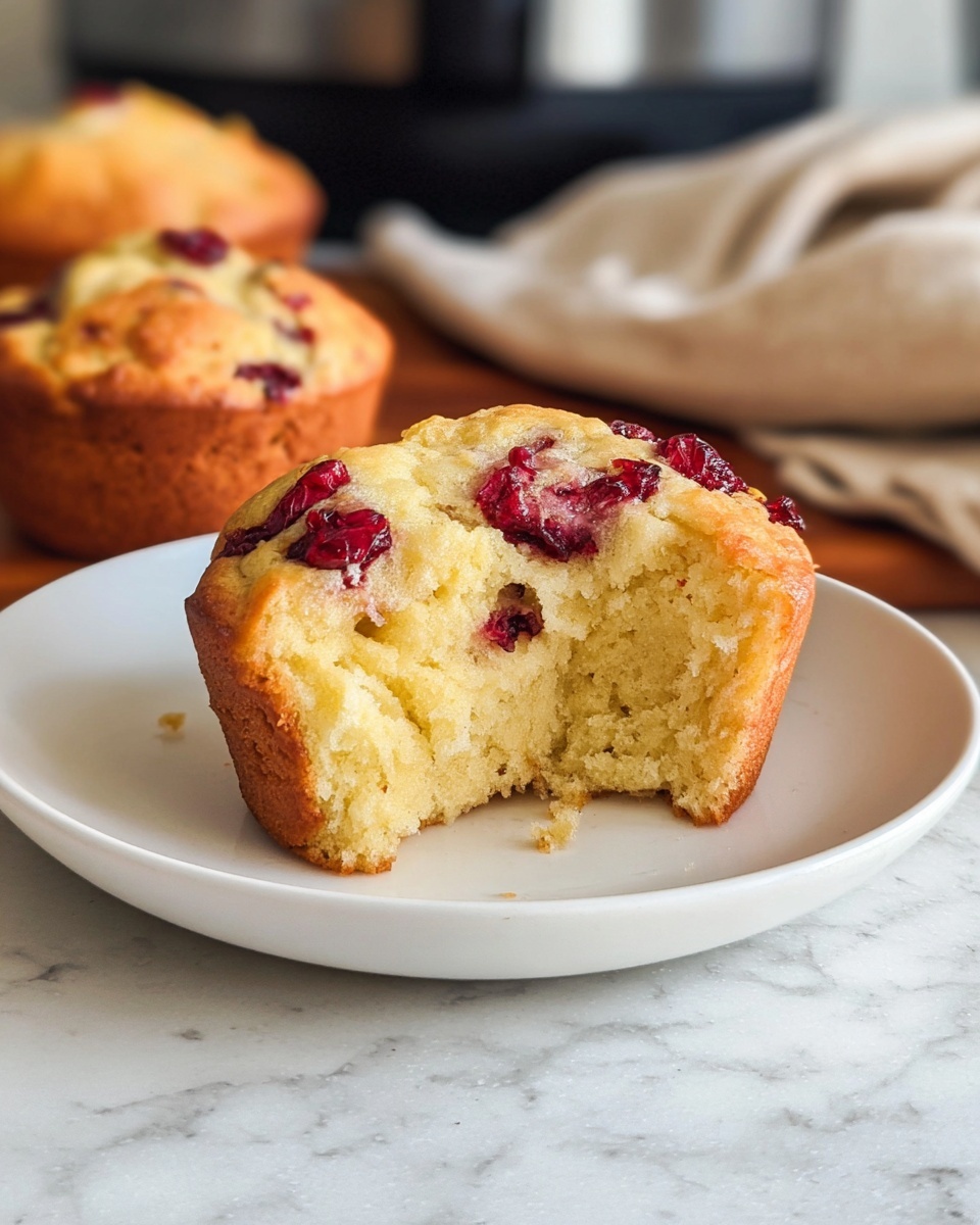 A single muffin with a bite taken out of the front sits on a white plate, showing its soft, light yellow inside texture. The muffin top is golden brown with uneven, slightly puffy edges and is decorated with bright red berries, scattered on top and embedded within. The plate rests on white marbled surface with a bit of wooden texture visible at the bottom edge. In the background, there is another muffin partially blocked and a softly folded beige cloth, with a blurred dark kitchen appliance behind. Photo taken with an iphone --ar 4:5 --v 7