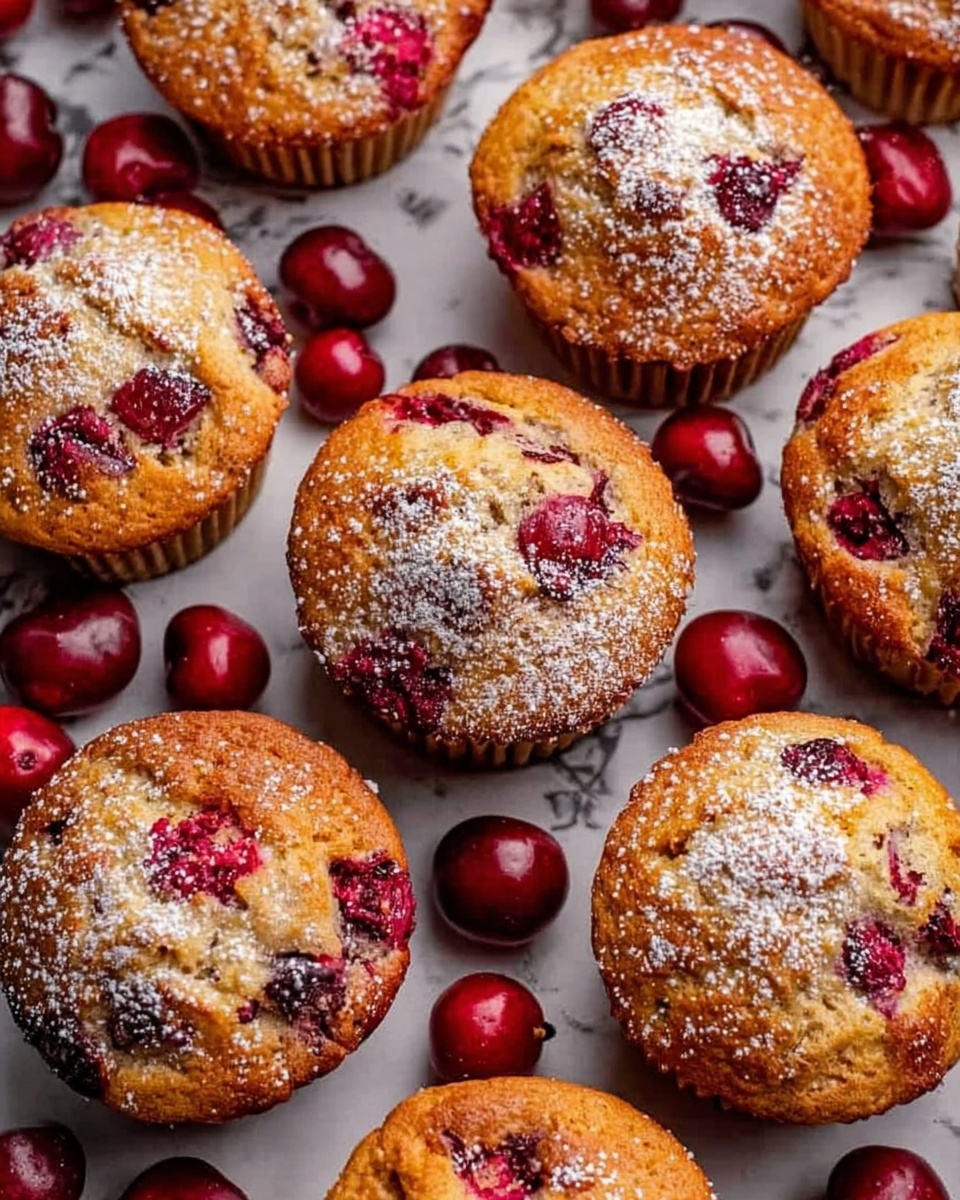 The image shows a close-up view of nine golden-brown muffins with visible pieces of red cherries baked inside and on top, some muffins sprinkled lightly with powdered sugar. The muffins have a soft texture and slightly cracked tops. Around the muffins, there are fresh whole red cherries scattered, adding a bright red contrast. The background surface is white with a marble texture. Photo taken with an iphone --ar 4:5 --v 7