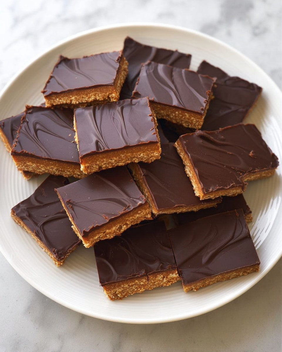 A white plate filled with rectangular bars stacked closely together, each bar has two layers; the bottom layer is light brown with a grainy texture, and the top layer is smooth and dark chocolate brown with a glossy finish and subtle swirl patterns. The plate sits on a white marbled surface. Photo taken with an iphone --ar 4:5 --v 7