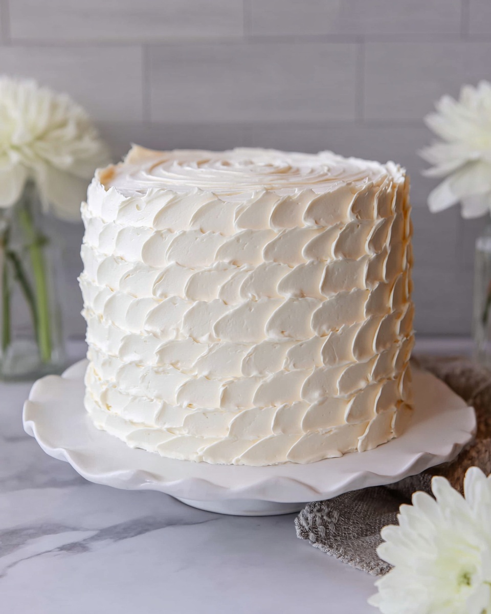 A tall, round cake with thick, white textured frosting covers the entire surface. The frosting is spread in a pattern of scalloped waves all around the sides and on the top, giving it a soft, fluffy appearance. The cake sits on a white plate with a gently wavy edge. In the background, there are soft white flowers on both sides. The surface beneath the plate is a white marbled texture. photo taken with an iphone --ar 4:5 --v 7