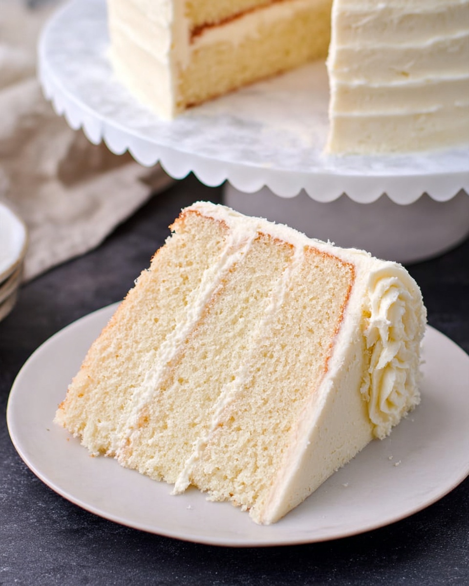 A three-layer vanilla cake with light tan sponge layers, each separated by a thin layer of creamy white frosting. The exterior is fully covered in fluffy white frosting with a textured, scalloped pattern. The cake sits on a white wavy-edged plate placed on a white marbled surface. The background is soft and blurred, keeping the focus on the cake. Photo taken with an iphone --ar 4:5 --v 7