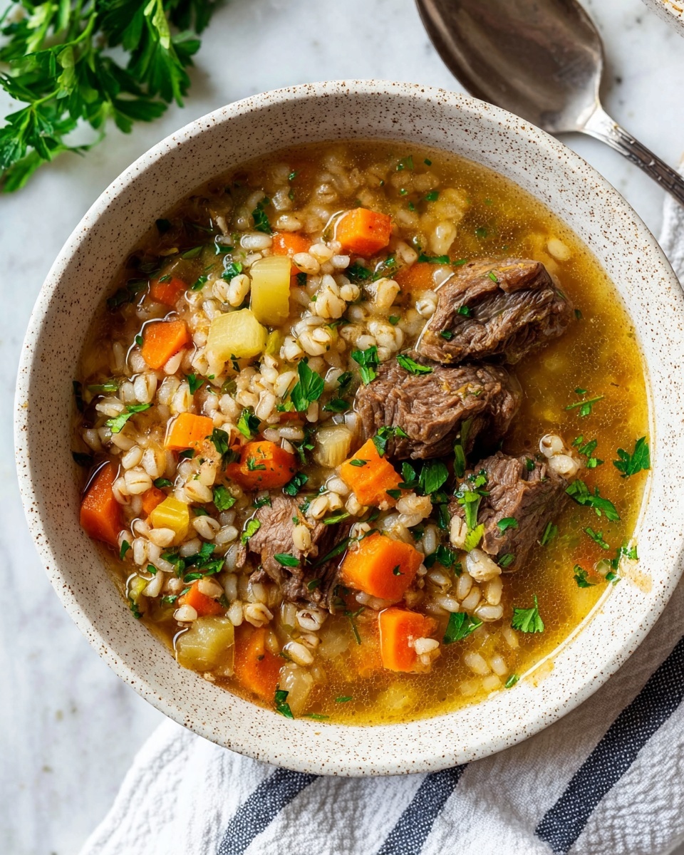A white speckled bowl filled with a hearty stew showing three main layers: at the bottom, a light golden broth with a slight shine and small bubbles; above this, evenly mixed bright orange carrot cubes, pale yellow celery pieces, and soft cooked barley grains with a slightly plump texture; on top, several chunks of brown, tender beef scattered throughout. Fresh green parsley pieces are sprinkled on the entire dish, adding a pop of color. The bowl is placed on a white marbled surface with a striped white and blue cloth next to it and a silver spoon on the right side. Photo taken with an iphone --ar 4:5 --v 7