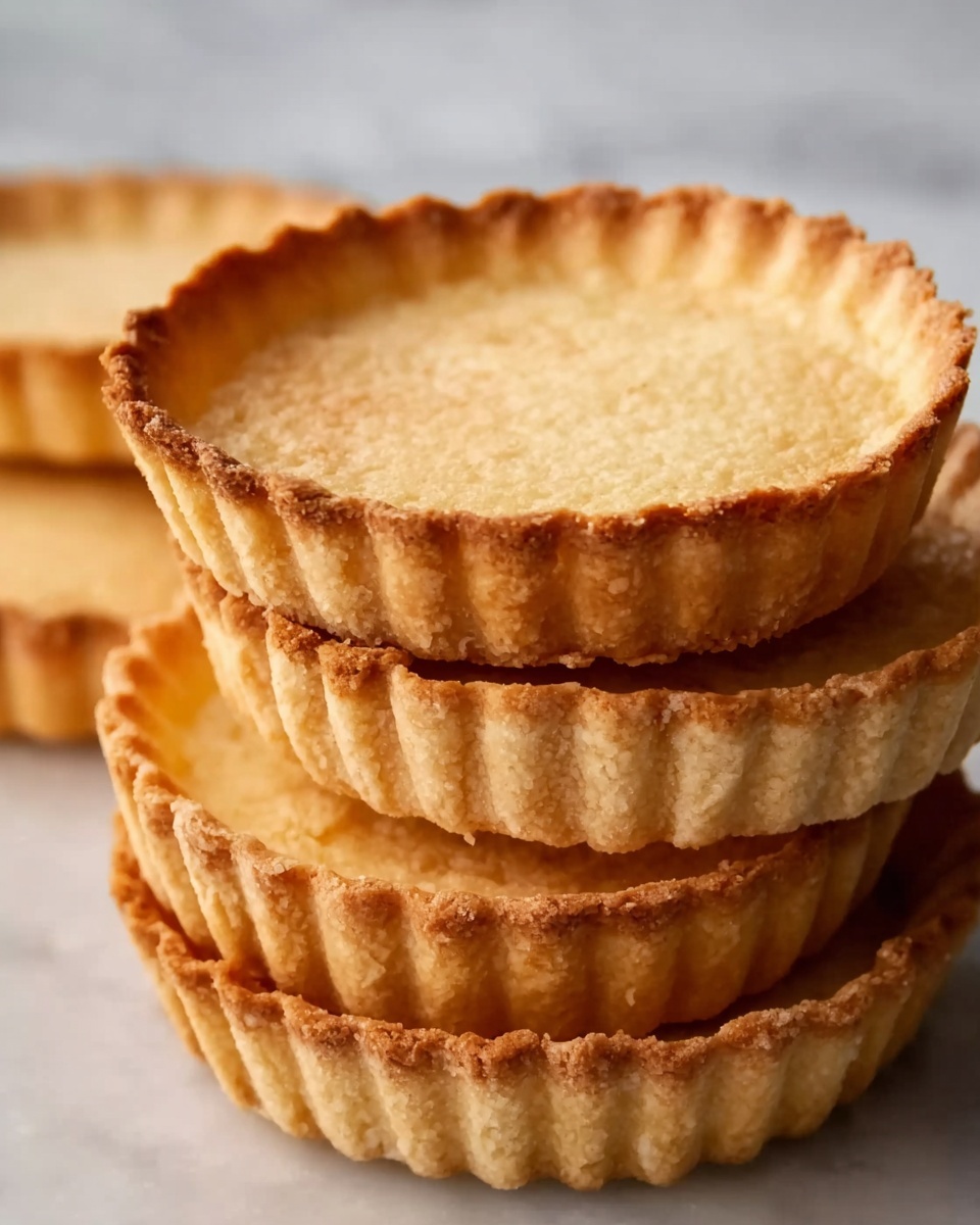 The image shows a stack of five tart shells, each with a light golden-brown color and a fluted edge. The shells have a smooth, slightly shiny surface and are stacked unevenly, with the top shell facing upwards. The edges show a crispy texture, and the inside of the shells appears flat and well-baked. The background is a white marbled surface, softly blurred to keep the focus on the tart shells. photo taken with an iphone --ar 4:5 --v 7