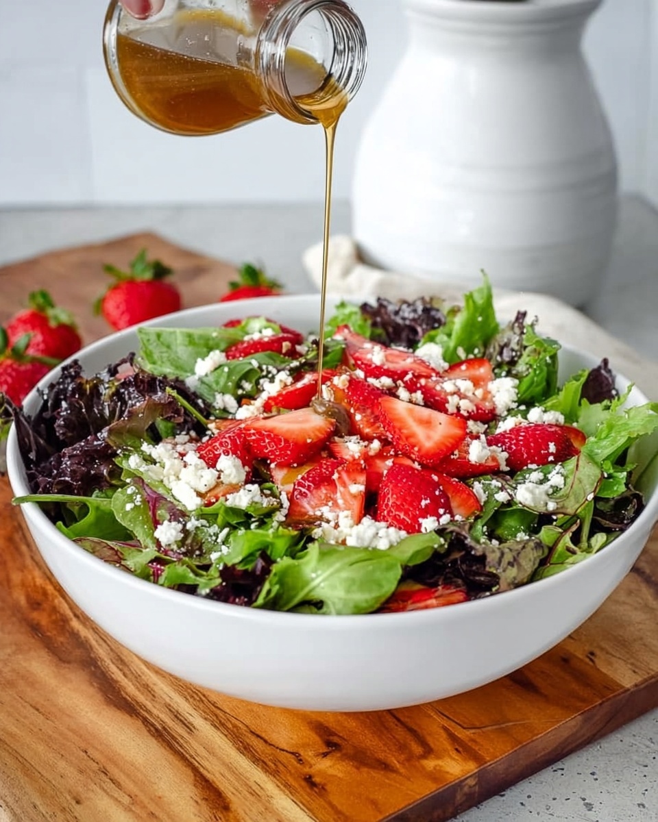 A white bowl filled with a fresh salad showing three layers: the bottom layer is mixed green leaves in different shades of green and purple, the middle layer is bright red sliced strawberries scattered evenly, and the top layer is crumbly white cheese sprinkled over the salad. A woman's hand is pouring a light brown dressing from a small glass bottle onto the salad. The bowl is placed on a wooden board, on a white marbled surface with a blurred white ceramic jar in the background. photo taken with an iphone --ar 4:5 --v 7