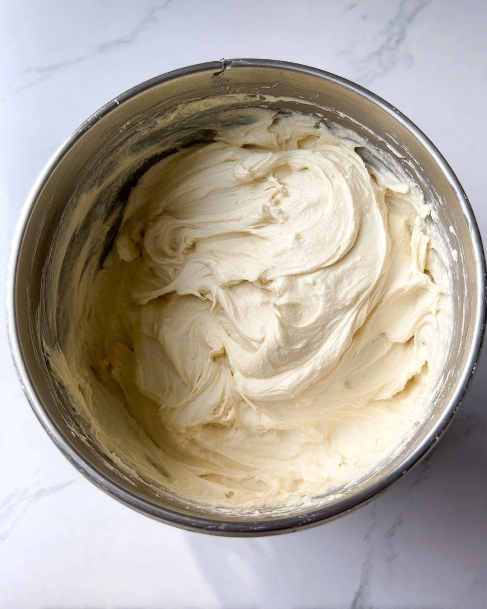 A close-up top view of a silver metal bowl filled with one thick, creamy layer of pale beige whipped frosting with soft, flowing textures and smooth swirls spreading unevenly inside the bowl. The bowl sits on a white marbled surface with visible light gray vein patterns. photo taken with an iphone --ar 4:5 --v 7
