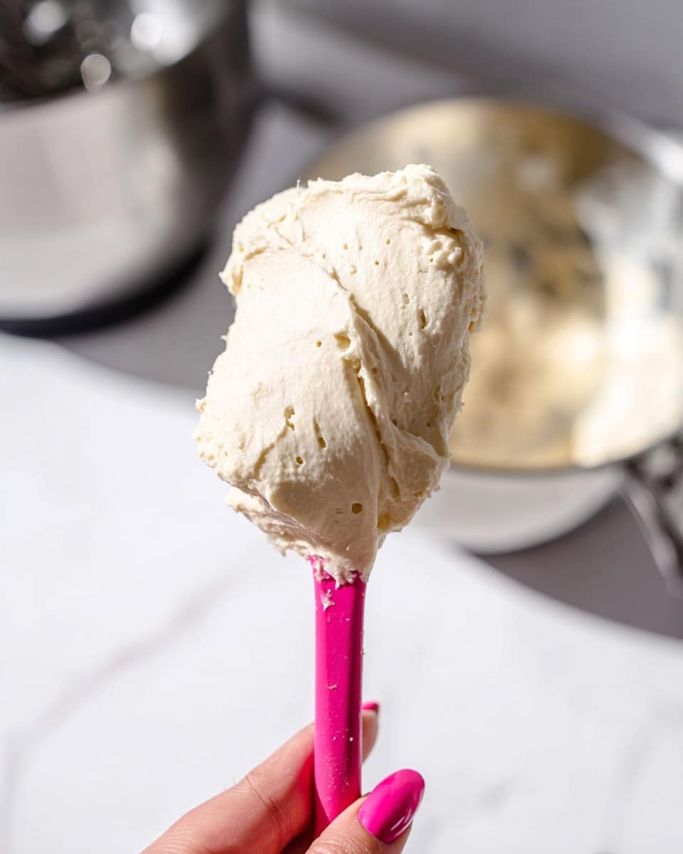 The image shows a close-up of a thick, creamy light beige mixture held on a pink spatula. The texture looks soft and slightly fluffy with visible small air pockets. A woman's hand with pink nail polish is holding the spatula from below. In the blurred background, there is a shiny metal bowl and a metal pot, all placed on a white marbled surface. The lighting is bright and natural, highlighting the creamy mixture’s smoothness. photo taken with an iphone --ar 4:5 --v 7