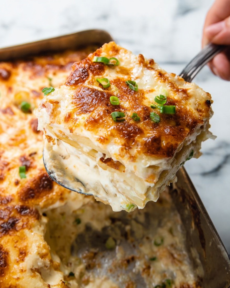 A square piece of casserole is being lifted with a spoon held by a woman's hand, showing multiple layers inside: a top golden brown melted cheese layer with some browned spots, a creamy white sauce layer beneath it, and several soft, light beige layers that appear to be pasta or potatoes. Small green onion pieces are sprinkled on the top layer. The casserole is in a metal pan with more of the baked casserole visible below. The background surface is white marbled. Photo taken with an iphone --ar 4:5 --v 7