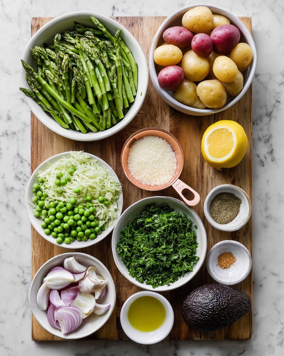 A wooden board sits on a white marbled surface, holding ten small white bowls and one half lemon. Starting from the top left, a large white bowl is filled with chopped green asparagus spears, next to it a white bowl holds red and yellow small potatoes. Below are bowls with shredded sauerkraut, frozen green peas, and a white bowl with green chopped herbs including dill and parsley. A rose gold measuring cup is filled with grated cheese placed near the peas. A white bowl with olive oil is next to a cut lemon half, a dark-skinned whole avocado, a small bowl with thinly sliced shallots, and a tiny bowl with a small amount of light brown seasoning. All items are displayed neatly with clear colors and textures, photo taken with an iphone --ar 4:5 --v 7