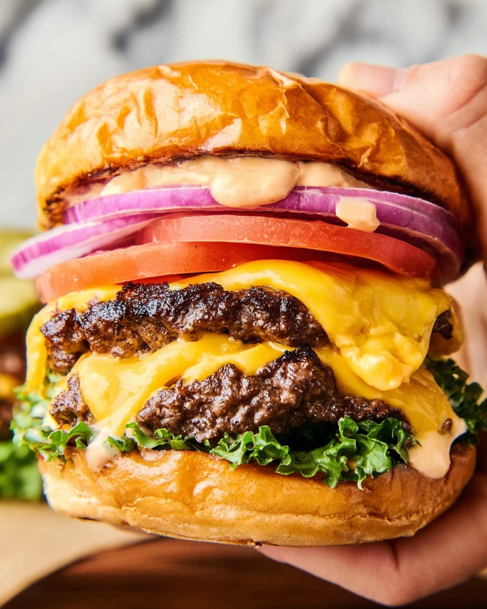 A close-up of a cheeseburger held by a woman's hand, showing five main layers stacked together: at the bottom, a toasted golden brown bun with some green leafy lettuce peeking out; above it, two thick, dark brown grilled beef patties each covered with melted bright yellow cheese that drips slightly; next a layer of sliced purple onion rings followed by a thick slice of red tomato; and on the top, a shiny golden toasted bun with a bit of creamy sauce visible under it. The background is a white marbled texture. photo taken with an iphone --ar 4:5 --v 7