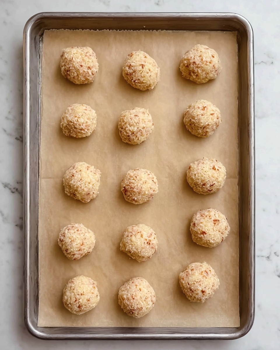 The image shows a metal baking tray lined with light brown parchment paper. On the paper, there are 18 small, round balls arranged in slightly uneven rows. The balls have a light beige color with small bits of a darker shade mixed in, giving them a textured appearance. The tray is placed on a white marbled surface. Photo taken with an iphone --ar 4:5 --v 7